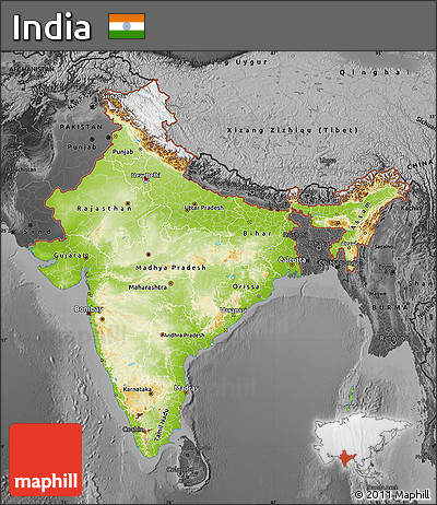 Physical Map of India, darken, desaturated
