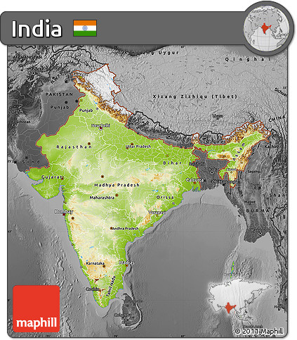 Physical Map of India, darken, desaturated