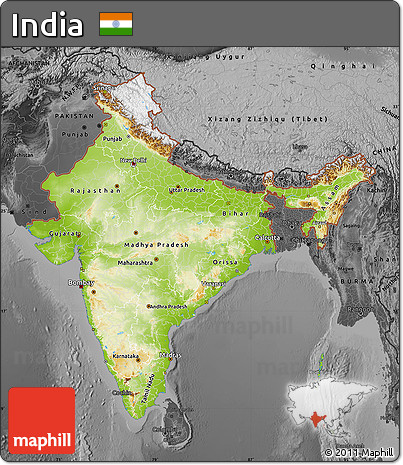 Physical Map of India, darken, desaturated