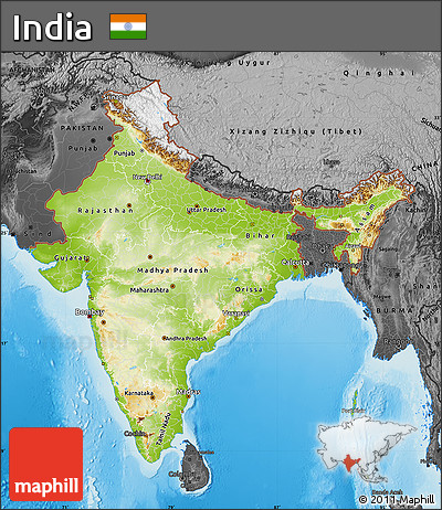 Physical Map of India, darken, desaturated, land only