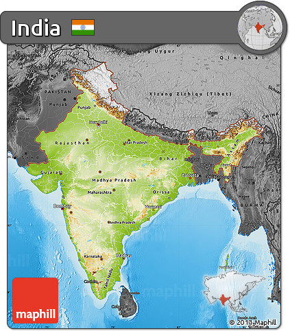 Physical Map of India, darken, desaturated, land only