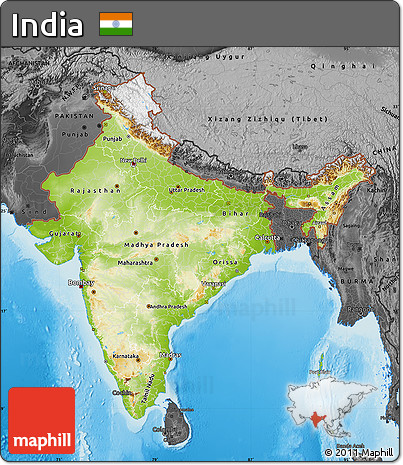 Physical Map of India, darken, desaturated, land only
