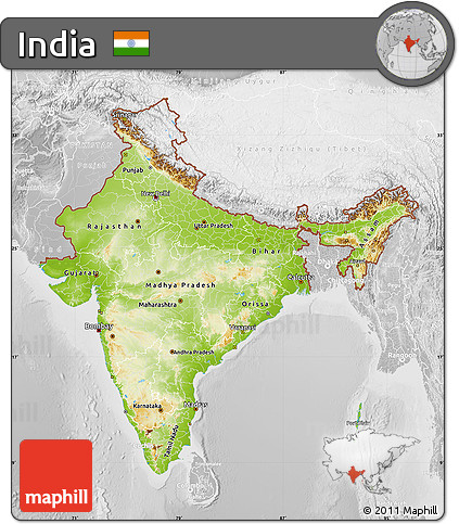 Physical Map of India, lighten, desaturated