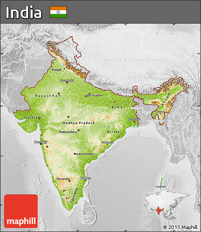 Physical Map of India, lighten, desaturated
