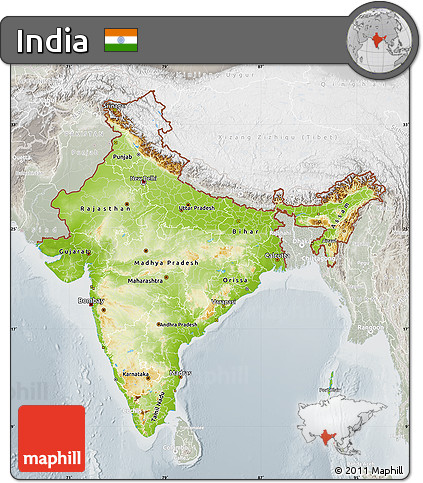 Physical Map of India, lighten, semi-desaturated