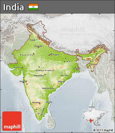 Physical Map of India, lighten, semi-desaturated
