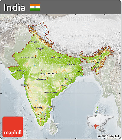 Physical Map of India, lighten, semi-desaturated