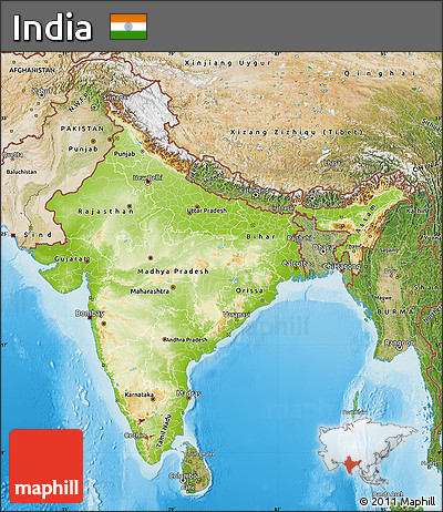 Physical Map of India, satellite outside, shaded relief sea