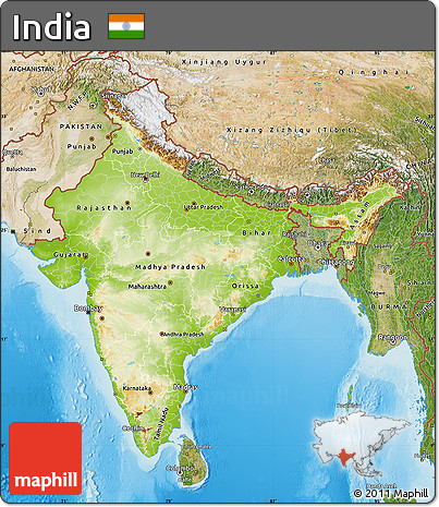 Physical Map of India, satellite outside, shaded relief sea