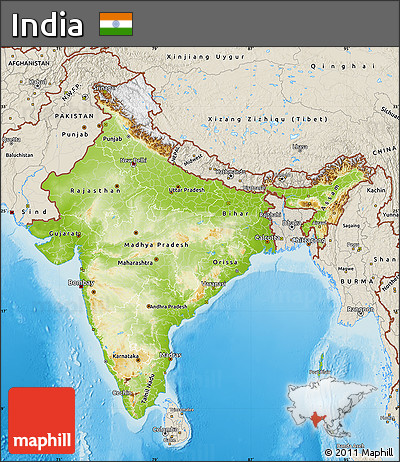Physical Map of India, shaded relief outside
