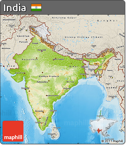 Physical Map of India, shaded relief outside