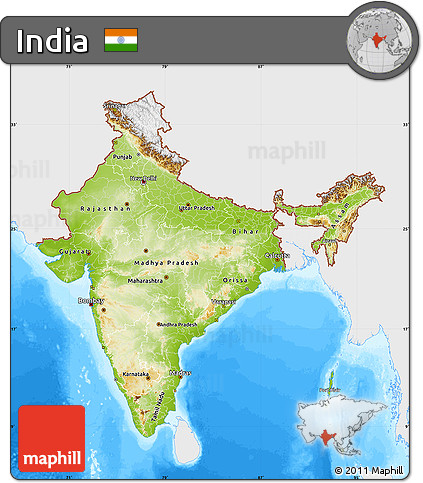 Physical Map of India, single color outside, bathymetry sea