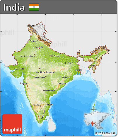 Physical Map of India, single color outside, bathymetry sea