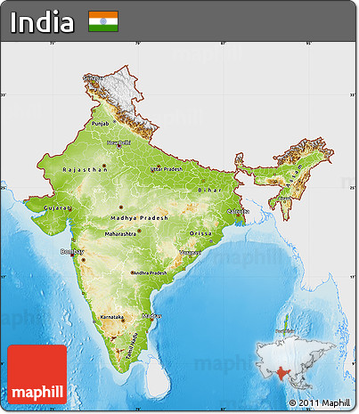 Physical Map of India, single color outside