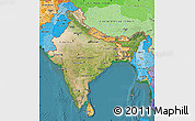 Satellite Map of India, political shades outside, satellite sea