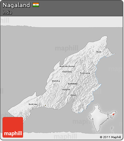 Gray 3D Map of Nagaland, single color outside