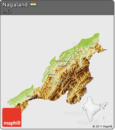 Physical 3D Map of Nagaland, single color outside