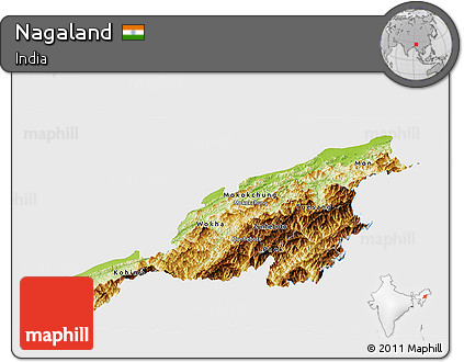 Physical Panoramic Map of Nagaland, single color outside