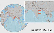 Gray Location Map of Balangir, within the entire country, hill shading