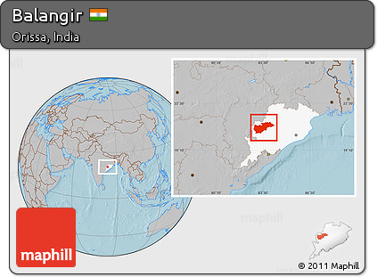 Gray Location Map of Balangir, highlighted parent region, hill shading