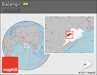 Gray Location Map of Balangir, highlighted parent region, hill shading