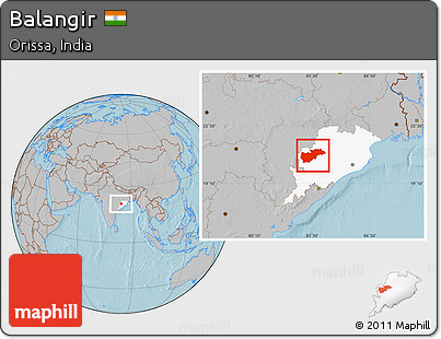 Gray Location Map of Balangir, highlighted parent region, hill shading