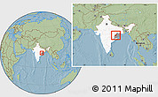 Savanna Style Location Map of Balangir, highlighted country, highlighted parent region, within the entire country, hill shading