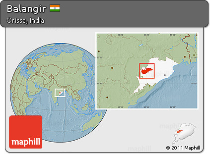 Savanna Style Location Map of Balangir, highlighted parent region, hill shading
