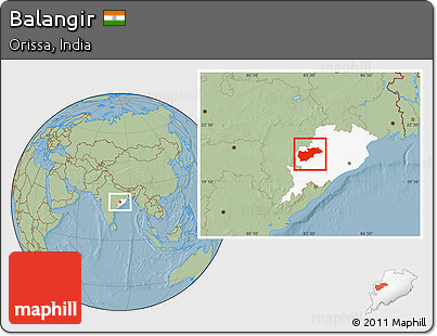 Savanna Style Location Map of Balangir, highlighted parent region, hill shading