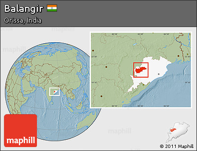 Savanna Style Location Map of Balangir, highlighted parent region, hill shading