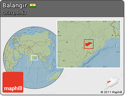 Savanna Style Location Map of Balangir, hill shading