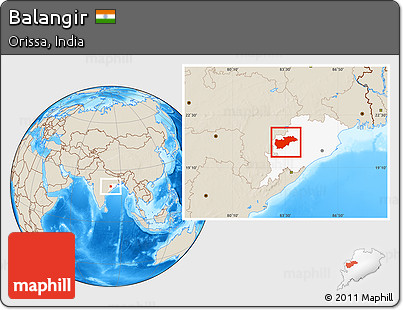 Shaded Relief Location Map of Balangir, highlighted parent region