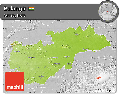 Physical Map of Balangir, lighten, desaturated