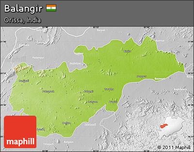 Physical Map of Balangir, lighten, desaturated