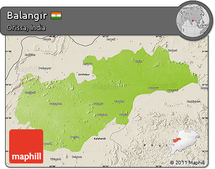Physical Map of Balangir, shaded relief outside