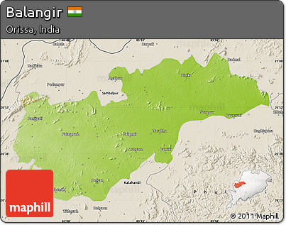 Physical Map of Balangir, shaded relief outside