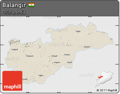 Shaded Relief Map of Balangir, single color outside