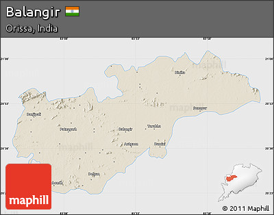 Shaded Relief Map of Balangir, single color outside