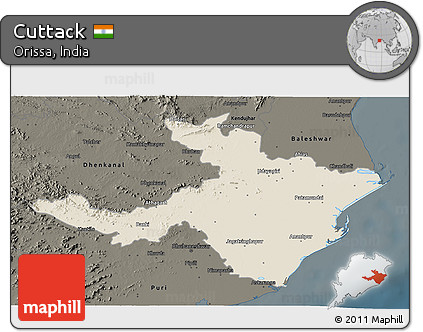 Shaded Relief 3D Map of Cuttack, darken