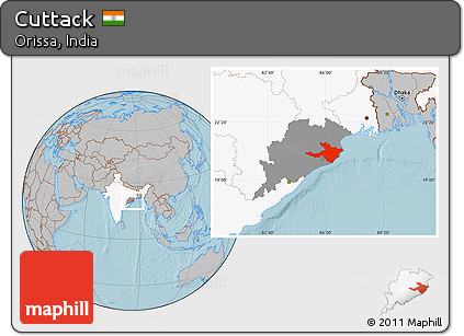 Gray Location Map of Cuttack, highlighted country, highlighted parent region, hill shading
