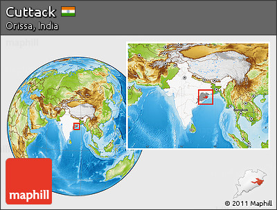 Physical Location Map of Cuttack, highlighted country, highlighted parent region, within the entire country