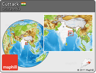 Physical Location Map of Cuttack, highlighted country, highlighted parent region, within the entire country