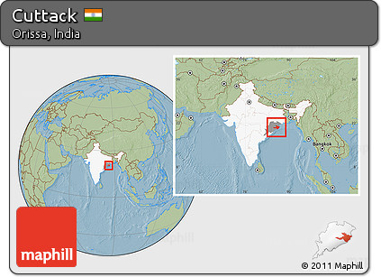 Savanna Style Location Map of Cuttack, highlighted country, highlighted parent region, within the entire country, hill shading