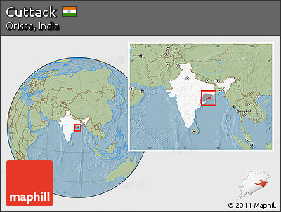 Savanna Style Location Map of Cuttack, highlighted country, highlighted parent region, within the entire country, hill shading