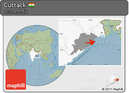Savanna Style Location Map of Cuttack, highlighted country, highlighted parent region, hill shading