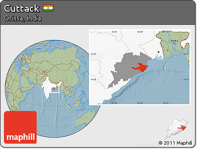 Savanna Style Location Map of Cuttack, highlighted country, highlighted parent region, hill shading