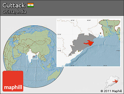 Savanna Style Location Map of Cuttack, highlighted country, highlighted parent region, hill shading