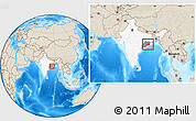 Shaded Relief Location Map of Cuttack, highlighted country, highlighted parent region, within the entire country