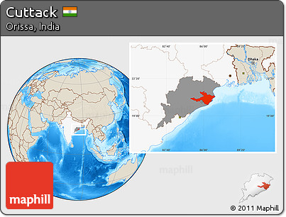 Shaded Relief Location Map of Cuttack, highlighted country, highlighted parent region