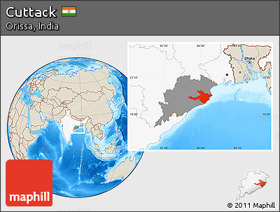 Shaded Relief Location Map of Cuttack, highlighted country, highlighted parent region